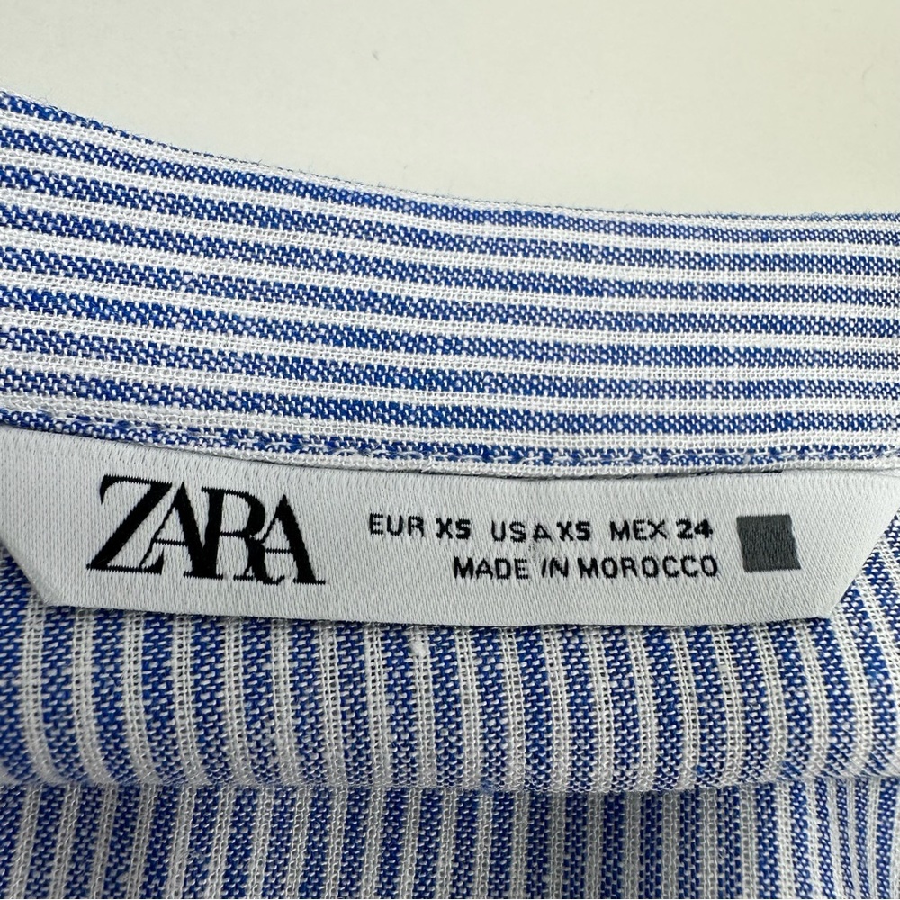 ZARA BLUE WHITE STRIPED LINEN BLEND RUFFLE BELTED DRESS WITH LACE TRIMS SIZE XS - Picture 4 of 8